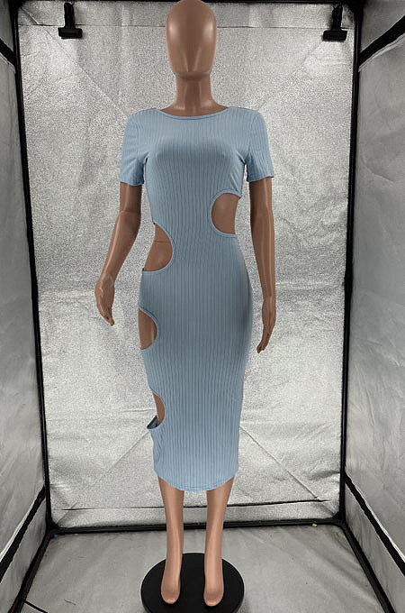 Light Blue Nigh Club Hollow Out Backless O Neck Solid Color Bodycon Dress LM88803-2
