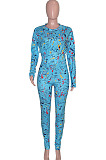 Black Casual Print Round Neck Long Sleeve Bodycon Pants Two-Piece SN390184-1