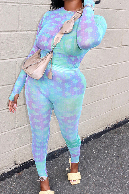 Green Cotton Blend Print Round Collar Long Sleeve Capris Pants Casual Two-Piece JH269-2