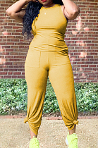 Yellow Casual O Collar Sleeveless Top Flare Pants With Pocket Solid Color Two-Piece WM21623-2