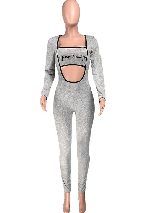 Royal Blue Sexy Hollow Out Letter Print Strapless Long Sleeve Bodycon Jumpsuits YMT6225-2