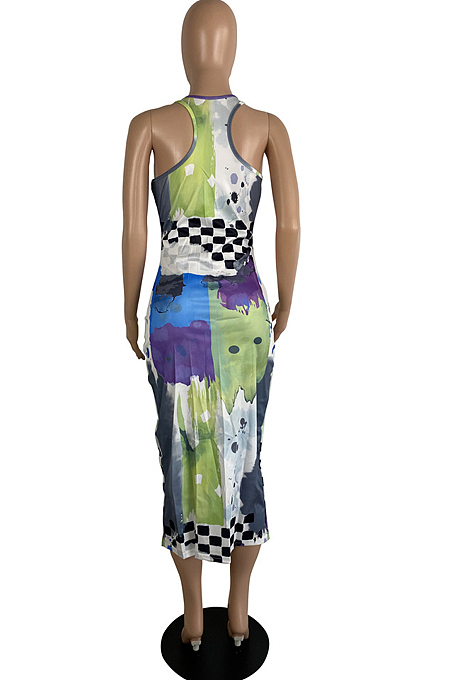 Colorful New Summer Digital Print U Neck Sleeveless Tank Bodycon Dress LS6459