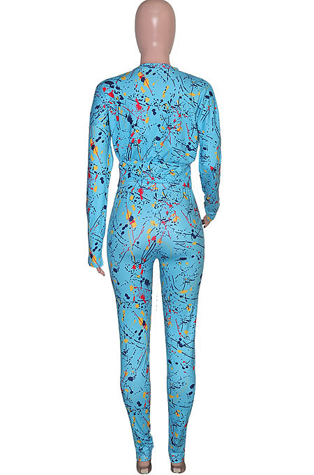 White Casual Print Round Neck Long Sleeve Bodycon Pants Two-Piece SN390184-5