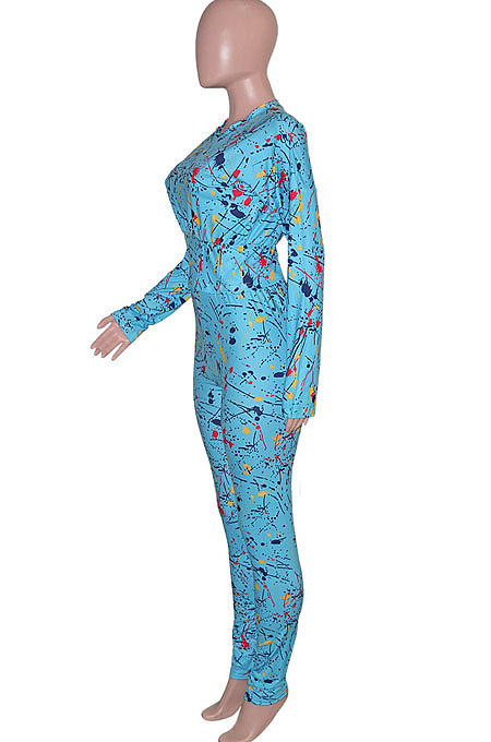 Black Casual Print Round Neck Long Sleeve Bodycon Pants Two-Piece SN390184-1