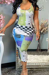Colorful New Summer Digital Print U Neck Sleeveless Tank Bodycon Dress LS6459