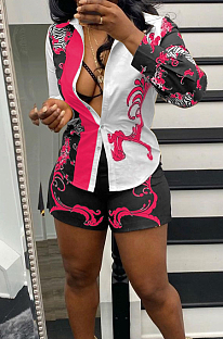 Rose Red New Digital Print Lapel Neck Single-Breasted Long Sleeve Shirt Shorts Two-Piece QY5059-1