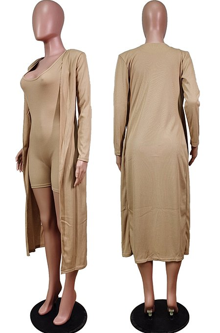 Grey New Solid Color Sleeveless Round Neck Romer Shorts+Long Sleeve Cardigan Coat Two-Piece WY6682-3