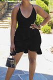 Pink Cotton Blend Sexy Tied Deep V Neck Backless Solid Color Ruffle Dress BS1281-1