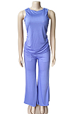 Yellow Casual O Collar Sleeveless Top Flare Pants With Pocket Solid Color Two-Piece WM21623-2