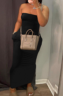 Black Sexy Strapless Backless Solid Colur Bodycon Long Dress SN390151-4