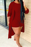Grey New Solid Color Sleeveless Round Neck Romer Shorts+Long Sleeve Cardigan Coat Two-Piece WY6682-3