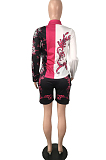 Rose Red New Digital Print Lapel Neck Single-Breasted Long Sleeve Shirt Shorts Two-Piece QY5059-1