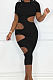 Black Nigh Club Hollow Out Backless O Neck Solid Color Bodycon Dress LM88803-4