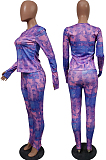 Green Cotton Blend Print Round Collar Long Sleeve Capris Pants Casual Two-Piece JH269-2
