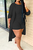 Black New Solid Color Sleeveless Round Neck Romer Shorts+Long Sleeve Cardigan Coat Two-Piece WY6682-4