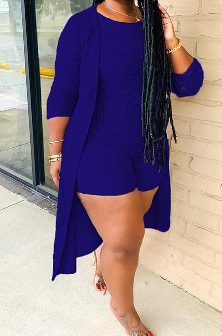 Grey New Solid Color Sleeveless Round Neck Romer Shorts+Long Sleeve Cardigan Coat Two-Piece WY6682-3