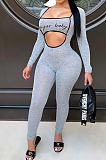 Royal Blue Sexy Hollow Out Letter Print Strapless Long Sleeve Bodycon Jumpsuits YMT6225-2