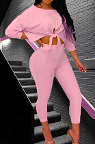 Pink Summer Round Collar Three Quarter Sleeve Bandage Top Bodycon Pants Two-Piece YMT6222-3