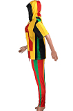 Colorful Stripe Print Spliced Short Sleeve Hoodie Pencil Pants Sports Sets YMT6226