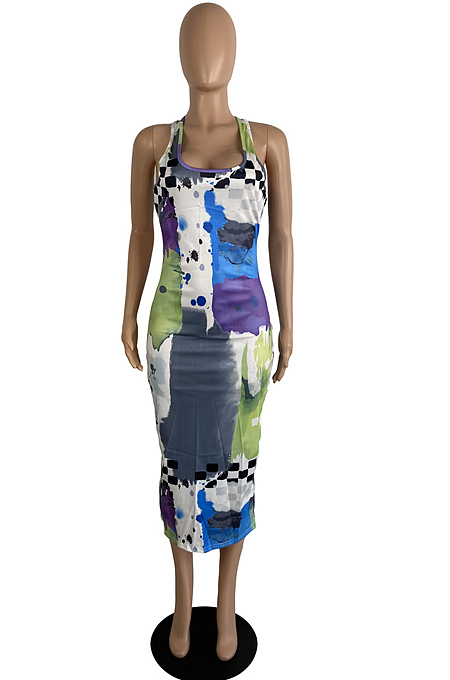 Colorful New Summer Digital Print U Neck Sleeveless Tank Bodycon Dress LS6459