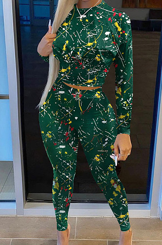 Black Casual Print Round Neck Long Sleeve Bodycon Pants Two-Piece SN390184-1