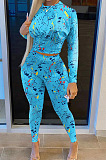 Pink Casual Print Round Neck Long Sleeve Bodycon Pants Two-Piece SN390184-4