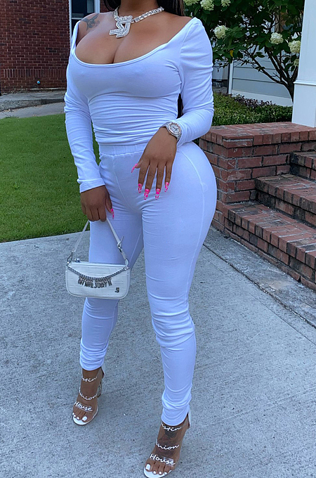 Red Nigh Club Low Cut Long Sleeve Tight Top Long Pants Two-Piece WY6697-2