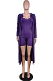 Grey New Solid Color Sleeveless Round Neck Romer Shorts+Long Sleeve Cardigan Coat Two-Piece WY6682-3
