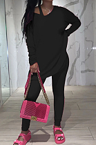 Black Pure Color Round Neck Long Sleeve Loose Top With Tank Ninth Pants Sport Three-Piece JH270-3
