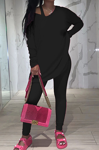 Black Pure Color Round Neck Long Sleeve Loose Top With Tank Ninth Pants Sport Three-Piece JH270-3