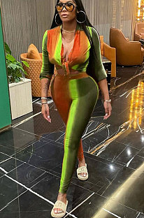 Orange Casual Women Colorful Positioning Print Two-Piece Sets Tied Shirt Tight Pants MLM9075-2