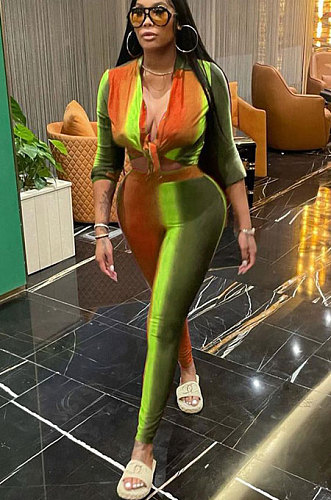 Orange Casual Women Colorful Positioning Print Two-Piece Sets Tied Shirt Tight Pants MLM9075-2