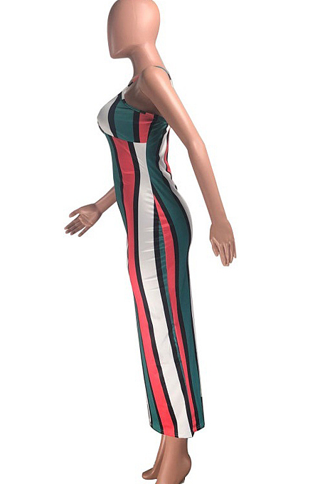 Red Cotton Blend Modest Stripe Condole Belt Strapless Sexy Boycon Dress YMT6216-2