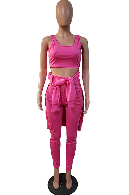 Blue Pure Color Round Neck Long Sleeve Loose Top With Tank Ninth Pants Sport Three-Piece JH270-2