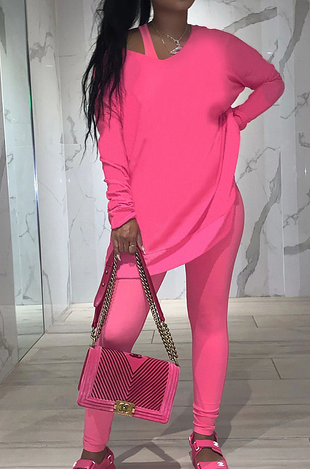 Pink Pure Color Round Neck Long Sleeve Loose Top With Tank Ninth Pants Sport Three-Piece JH270-1