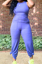 Light Purple Casual O Collar Sleeveless Top Flare Pants With Pocket Solid Color Two-Piece WM21623-5