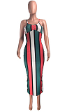 Red Cotton Blend Modest Stripe Condole Belt Strapless Sexy Boycon Dress YMT6216-2