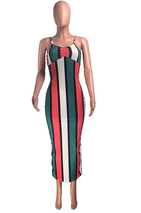 Red Cotton Blend Modest Stripe Condole Belt Strapless Sexy Boycon Dress YMT6216-2