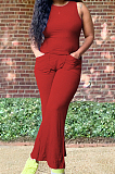 Yellow Casual O Collar Sleeveless Top Flare Pants With Pocket Solid Color Two-Piece WM21623-2