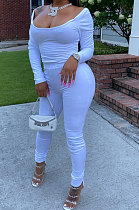 White Nigh Club Low Cut Long Sleeve Tight Top Long Pants Two-Piece WY6697-1