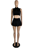 Black Summer Sleeveless Neckline Zipper Crop Top High Waist Multilayer Shorts Casual Sets LS6461