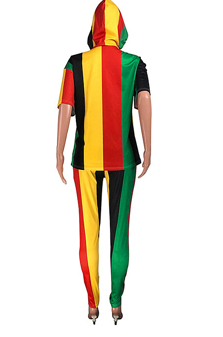 Colorful Stripe Print Spliced Short Sleeve Hoodie Pencil Pants Sports Sets YMT6226