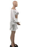 White Strapless Ruffle Sleeve Crop Top Flutter Shorts Solid Color Loose Two-Piece QSS51028-1