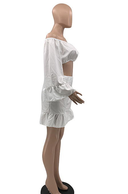 White Strapless Ruffle Sleeve Crop Top Flutter Shorts Solid Color Loose Two-Piece QSS51028-1