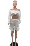 Purple Strapless Ruffle Sleeve Crop Top Flutter Shorts Solid Color Loose Two-Piece QSS51028-4