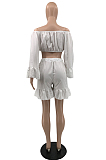 Purple Strapless Ruffle Sleeve Crop Top Flutter Shorts Solid Color Loose Two-Piece QSS51028-4
