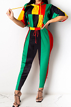 Colorful Stripe Print Spliced Short Sleeve Hoodie Pencil Pants Sports Sets YMT6226