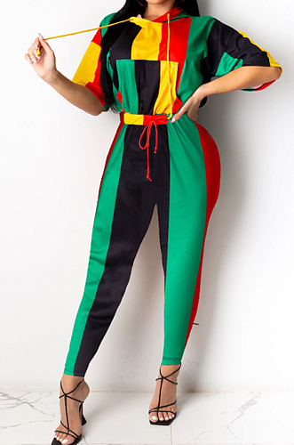 Colorful Stripe Print Spliced Short Sleeve Hoodie Pencil Pants Sports Sets YMT6226