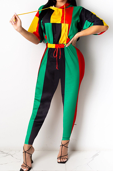 Colorful Stripe Print Spliced Short Sleeve Hoodie Pencil Pants Sports Sets YMT6226