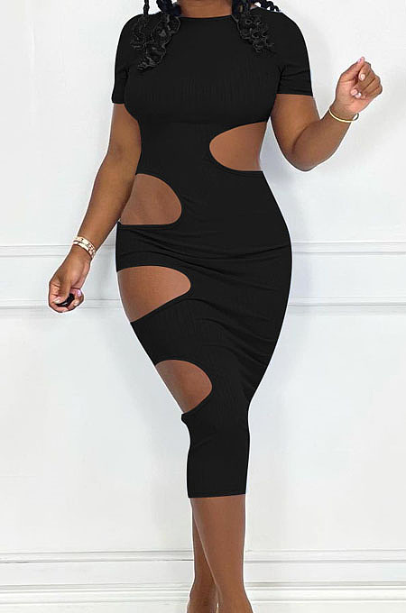 White Nigh Club Hollow Out Backless O Neck Solid Color Bodycon Dress LM88803-1